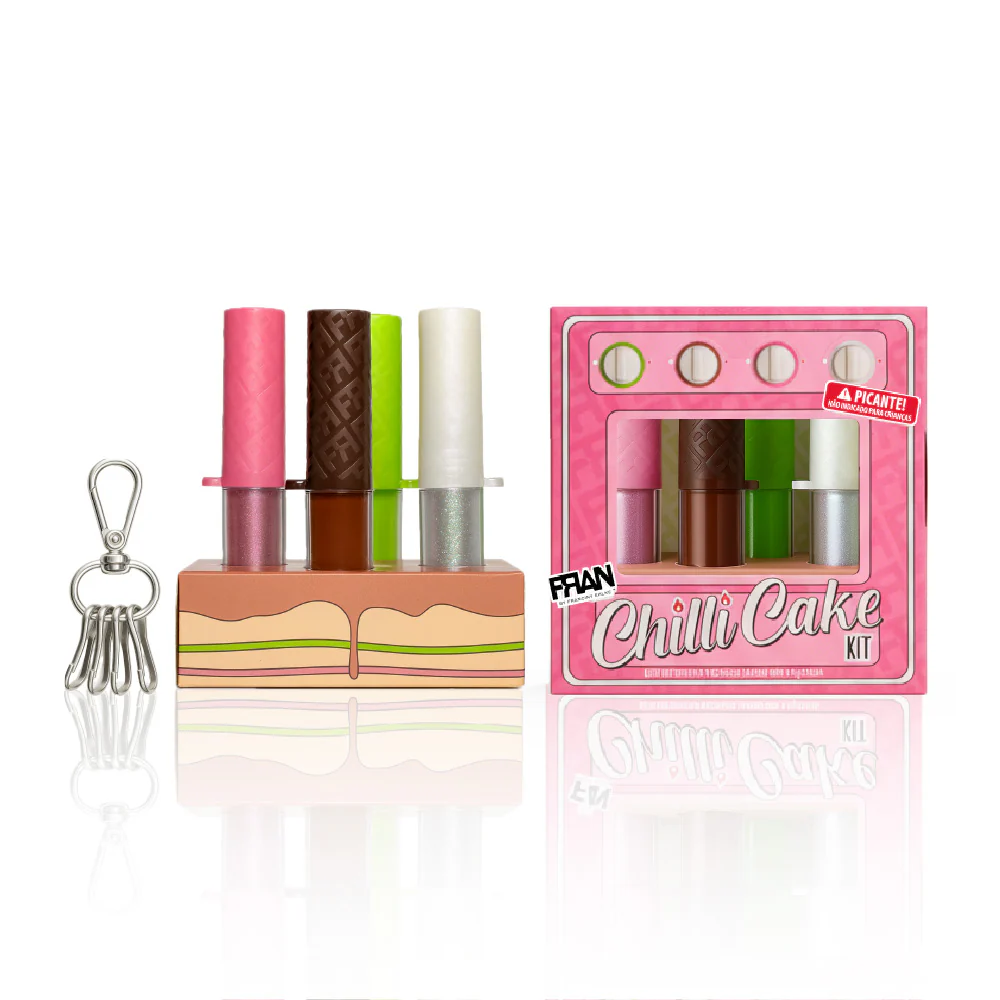 Set de quatro batons coloridos em suporte com embalagem rosa Chilli Cake Kit