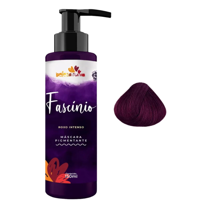 Frasco roxo com dispensador preto de máscara pigmentante para cabelo roxo intenso e amostra de cabelo tingido