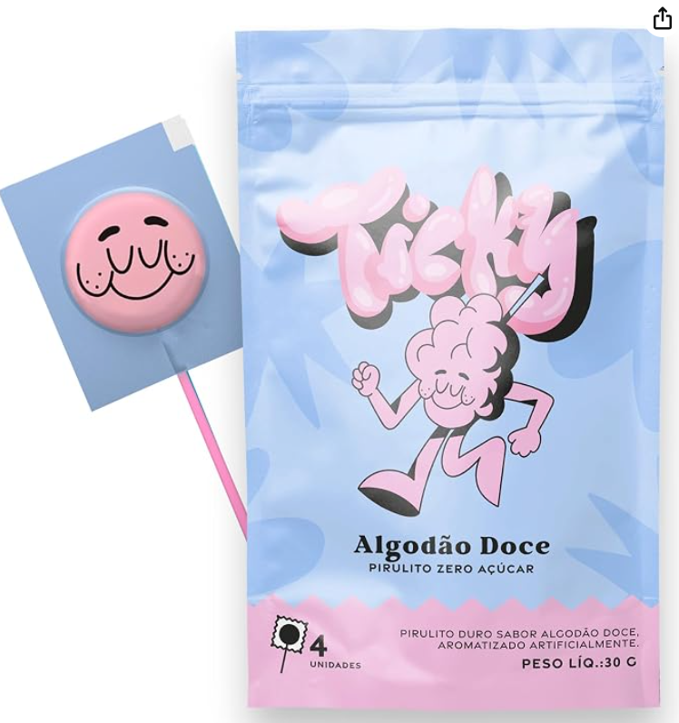 Embalagem azul clara e rosa de pirulitos sabor algodão doce com desenho de pirulito sorridente