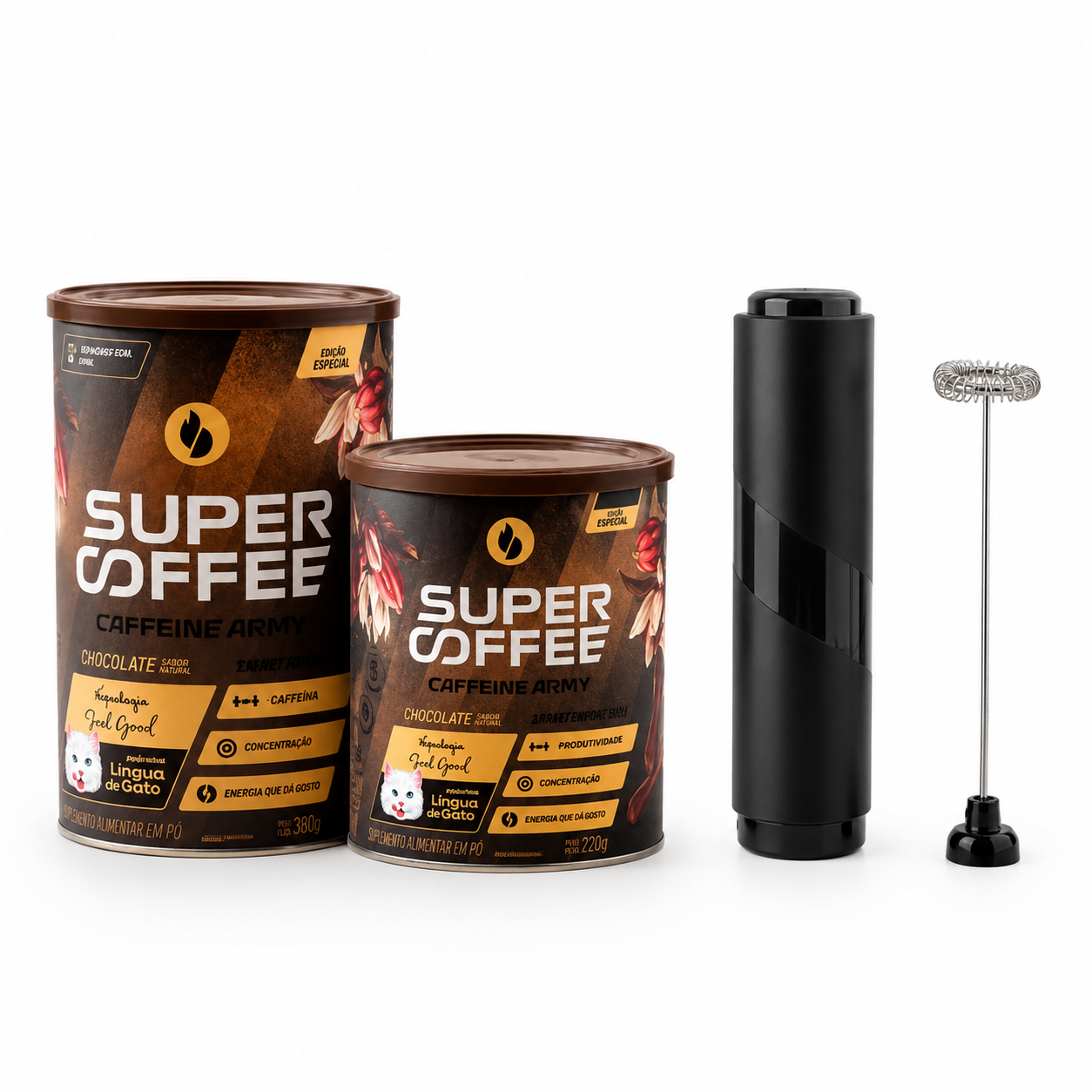 Recipientes de suplemento Super Coffee Caffeine Army sabor chocolate, com mixer preto e misturador metálico.