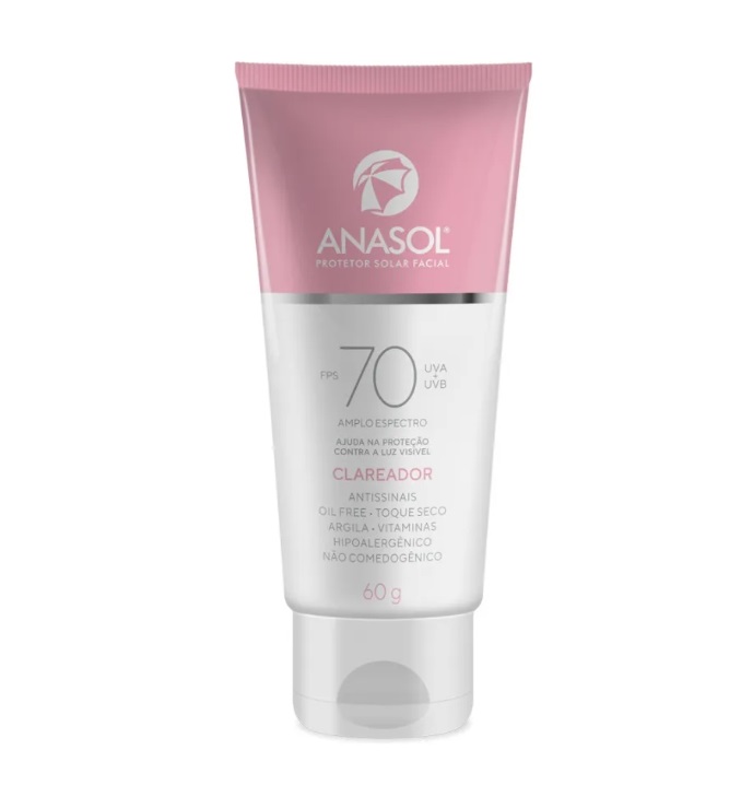 Tubo de protetor solar facial Anasol FPS 70 com embalagem rosa e branco