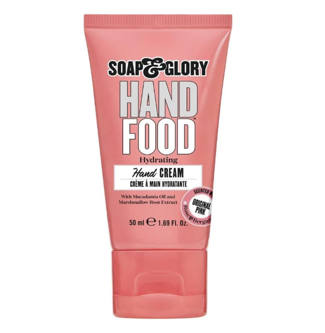 Tubo cor-de-rosa de creme hidratante para mãos Soap & Glory Hand Food de 50 ml