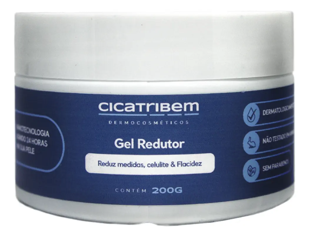 Frasco branco de gel redutor Cicatribem com rótulo azul