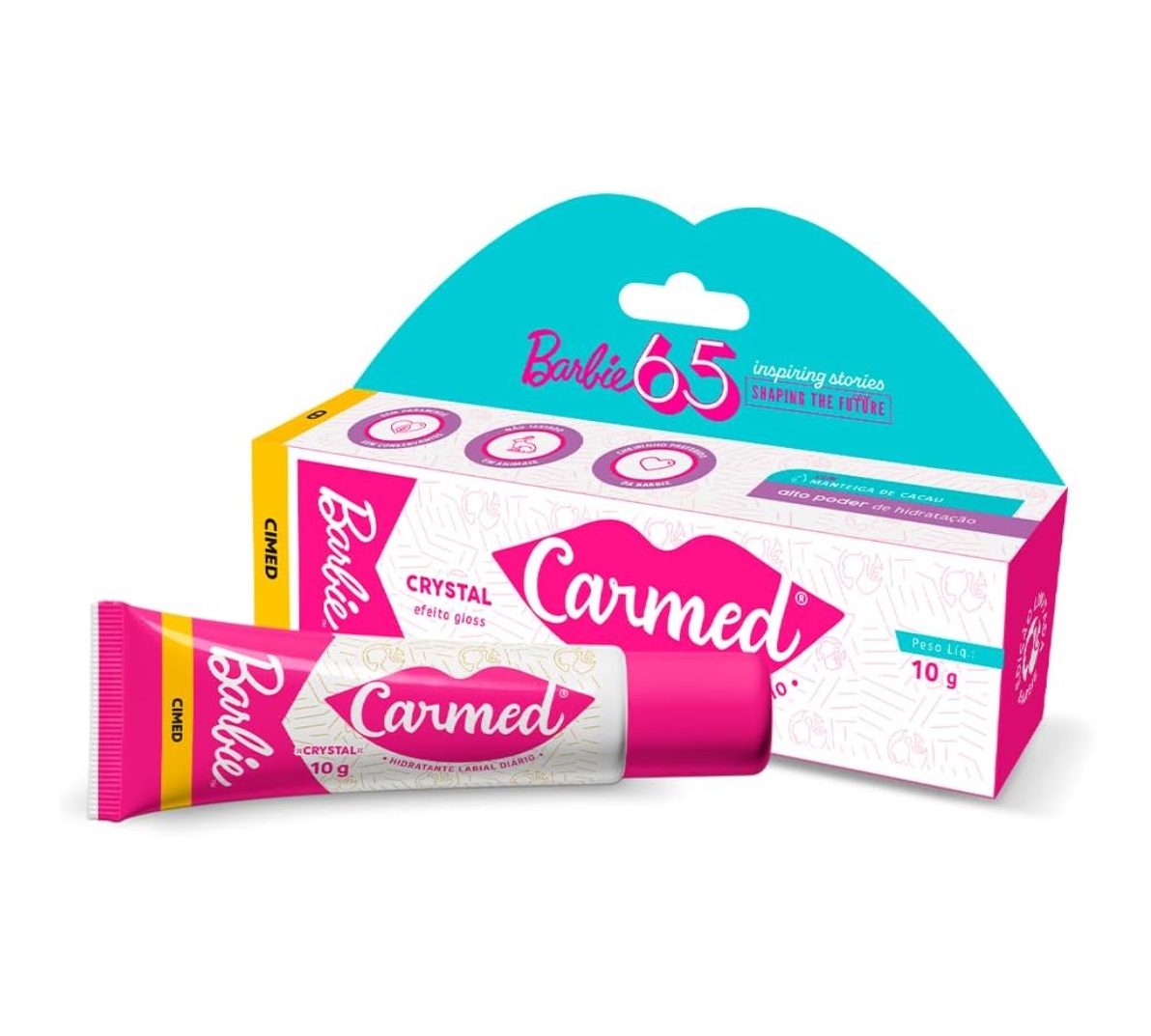 Hidratante labial Carmed em tubo rosa e branco com caixa azul, rosa e branca