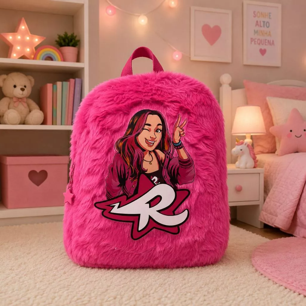 Mochila cor-de-rosa felpuda com desenho de personagem e letra R no quarto infantil rosa.