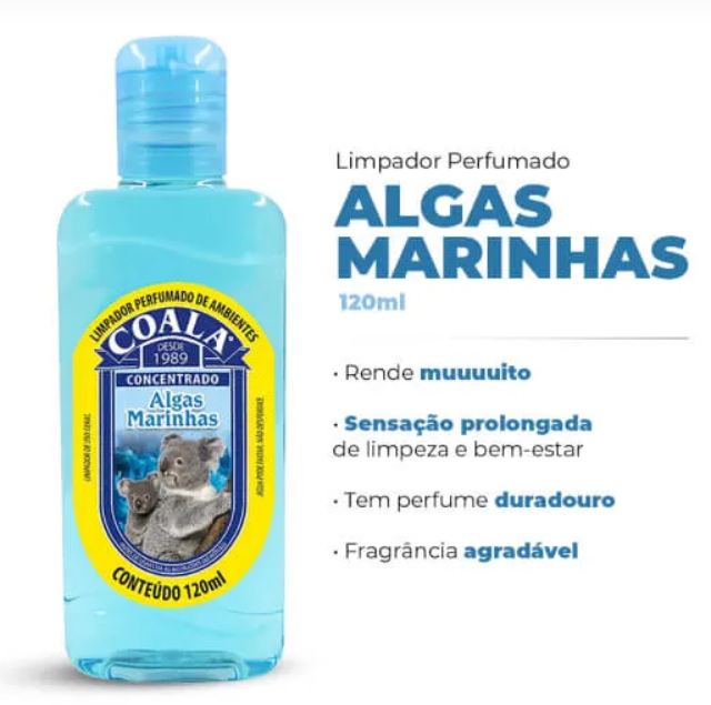 Frasco azul de limpador perfumado ALgas Marinhas com imagem de coalas