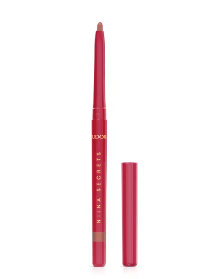 Lápis labial retrátil vermelho com texto dourado