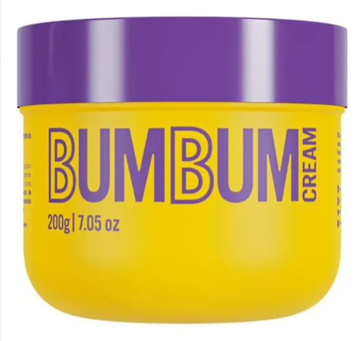 Frasco amarelo com tampa roxa de creme BUM BUM