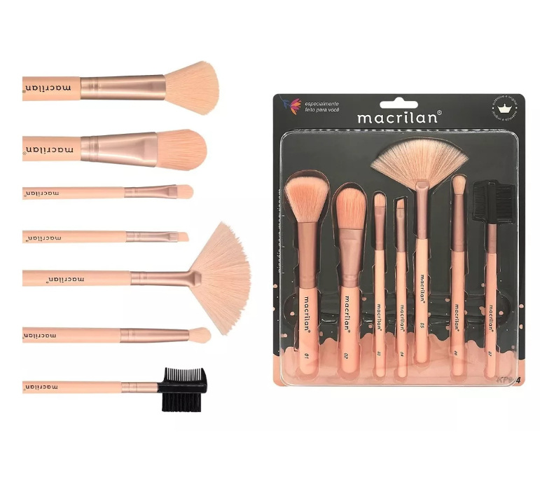 Conjunto de 8 pincéis de maquilhagem Macrilan com cabos rosa e cerdas pêssego em embalagem preta