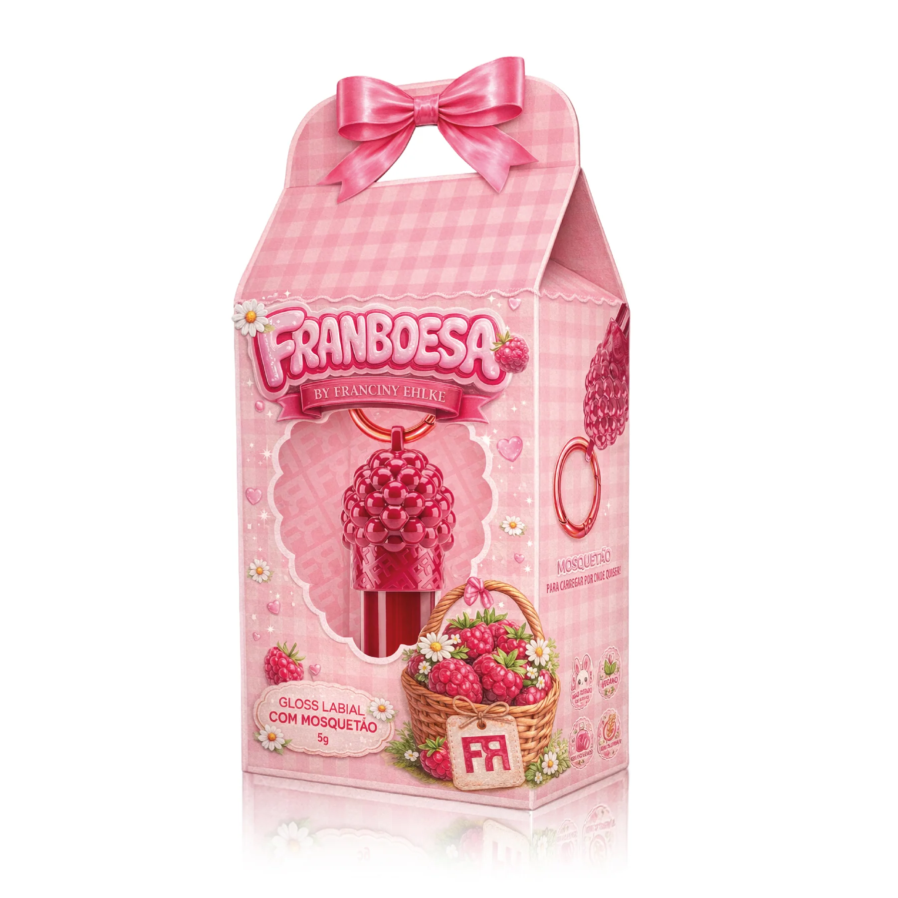 Embalagem rosa xadrez de gloss labial Franboesa com mosquetão e ilustração de cesta de framboesas