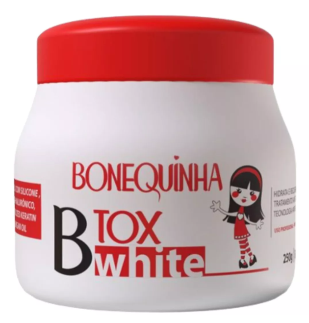 Frasco branco com tampa vermelha e rótulo BONEQUINHA BTOX white com ilustração de boneca