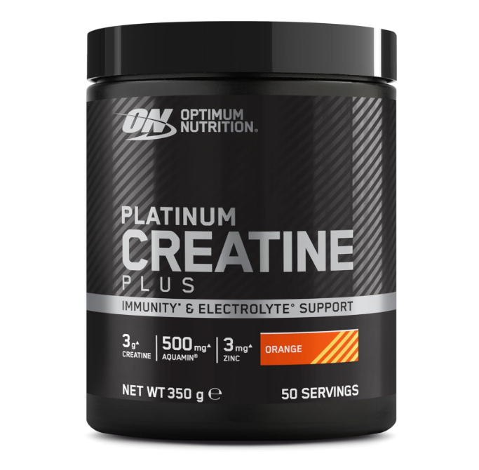 Frasco preto de suplemento Platinum Creatine Plus Optimum Nutrition sabor laranja