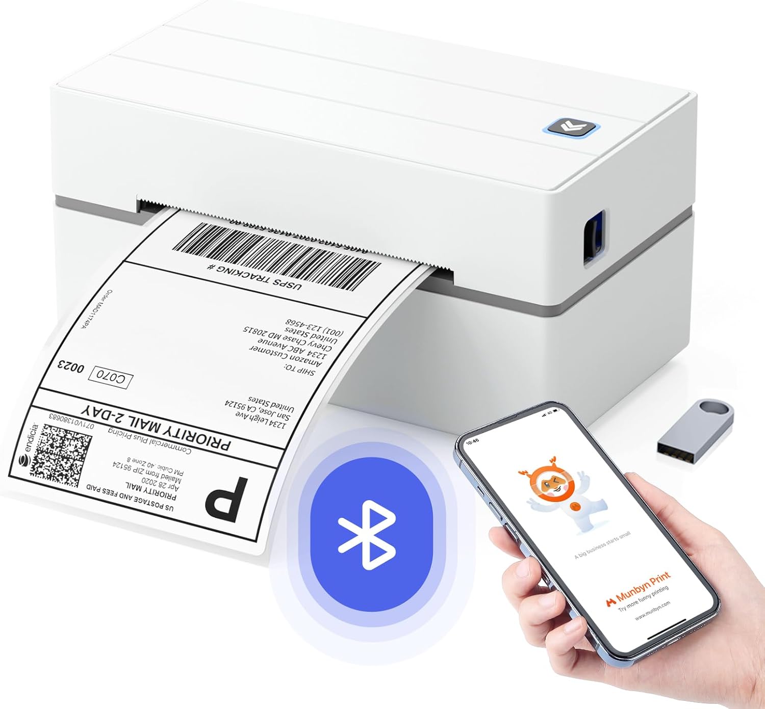 Impressora térmica branca a imprimir etiqueta USPS com telemóvel e comando USB