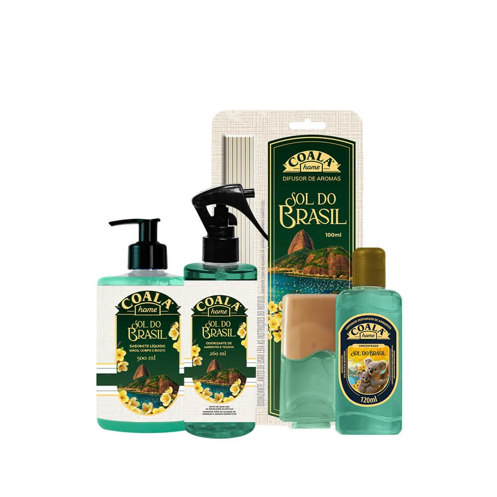 Conjunto Coala Home Sol do Brasil com sabonete, odorizante, difusor e concentrado perfumado