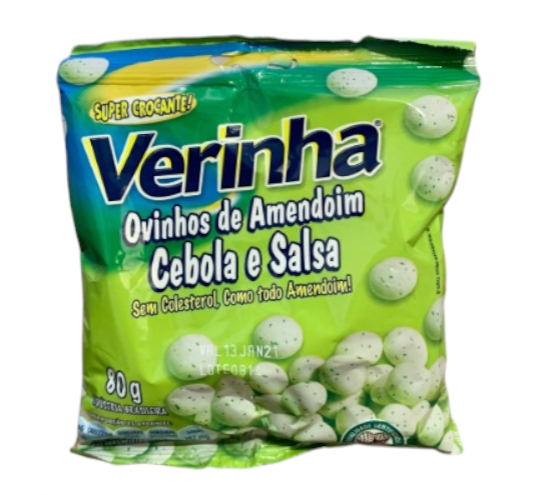 Pacote verde de snack Verinha Ovinhos de Amendoim sabor Cebola e Salsa