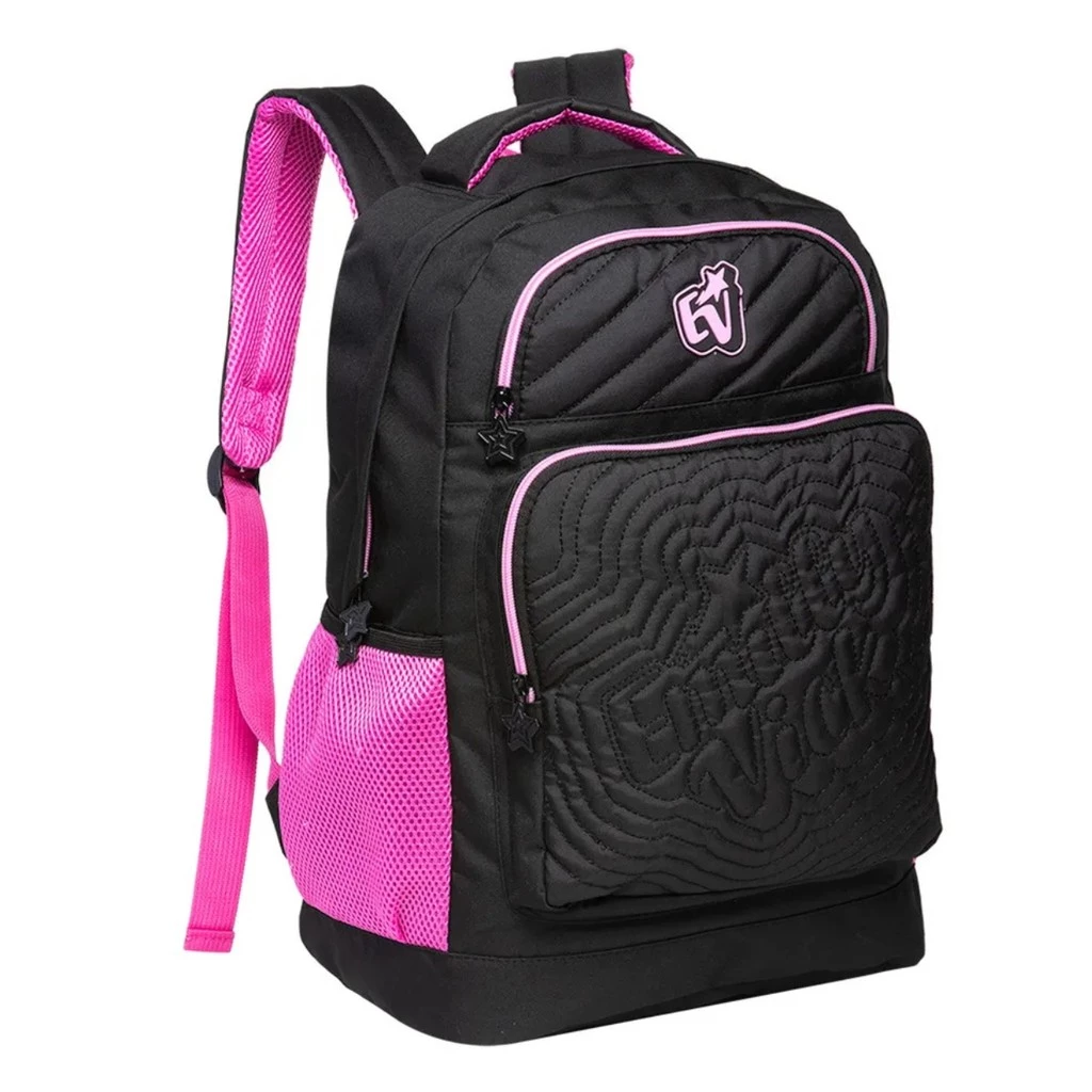 Mochila preta com detalhes cor-de-rosa e texto Luna Vicio com bolsos e alças acolchoadas.