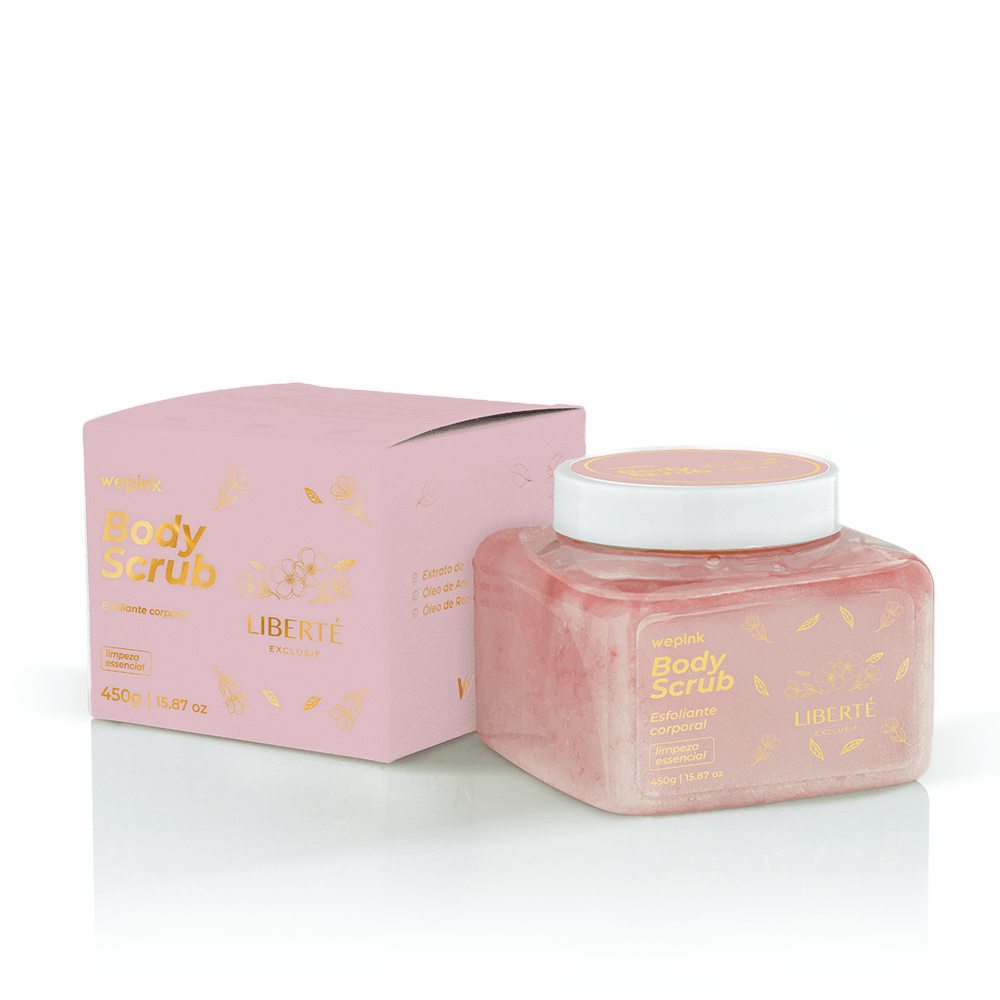 Esfoliante corporal Body Scrub da wepink em embalagem rosa com frasco transparente e tampa branca