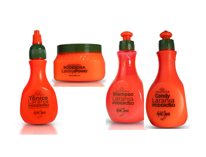 Produtos capilares alaranjados com texto preto em embalagens de plástico