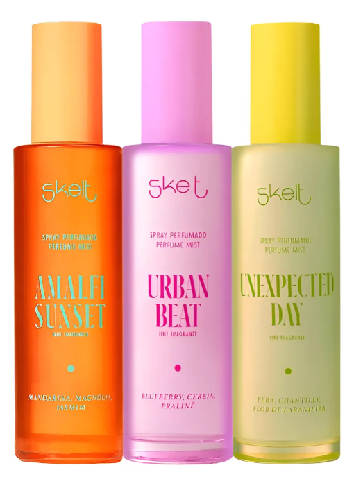 Três frascos coloridos de spray perfumado Skelt