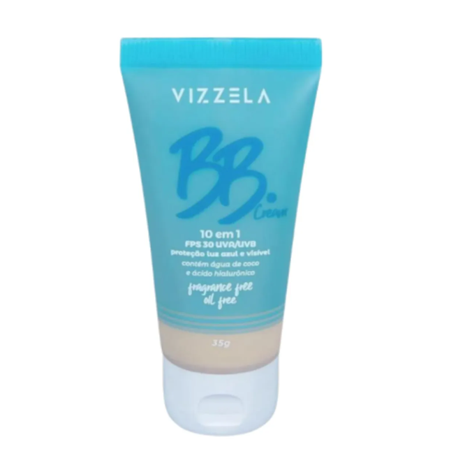 Frasco azul translúcido de BB Cream Vizzela com tampa branca