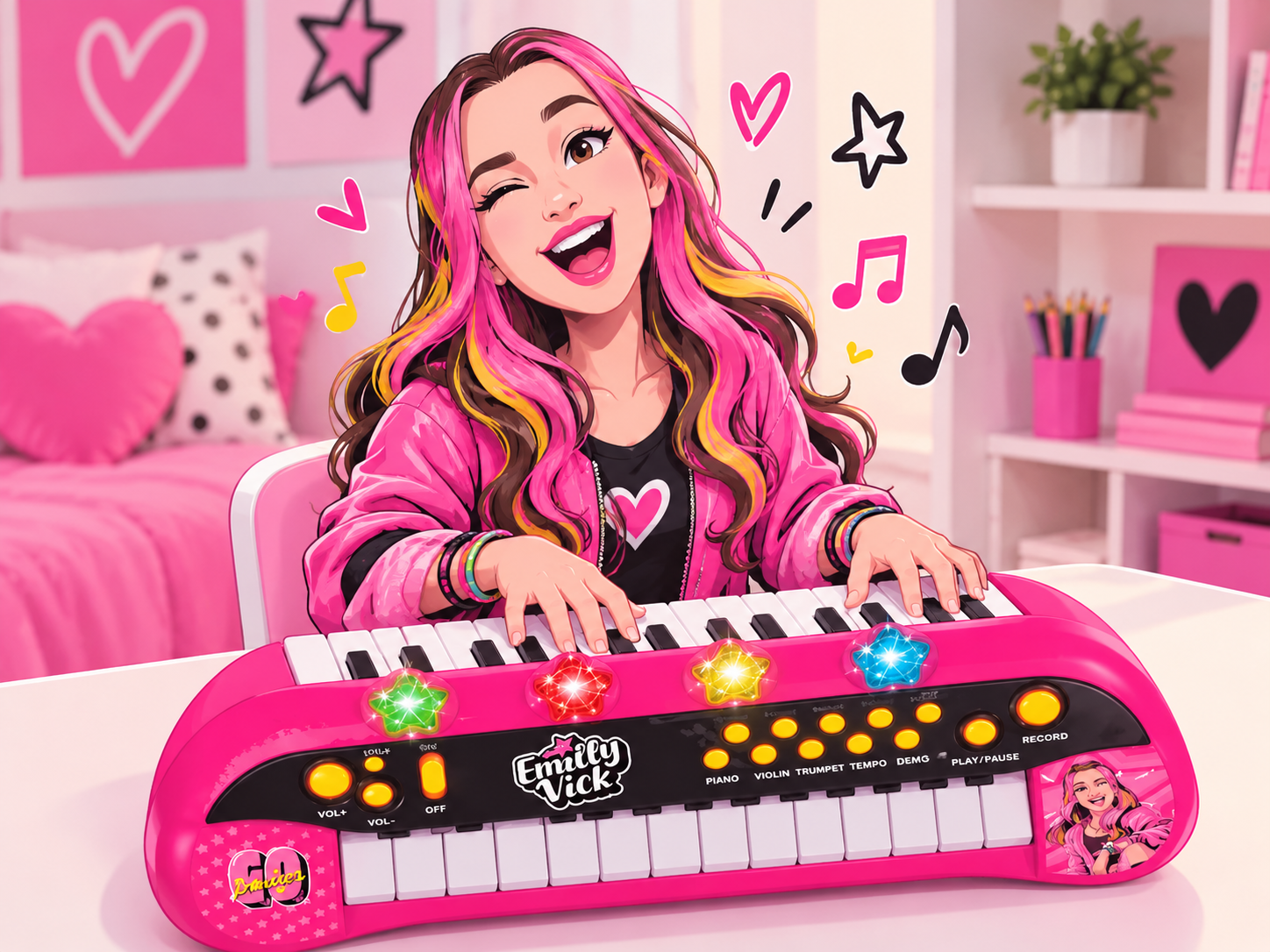 Teclado rosa infantil com luzes de estrelas e botões amarelos