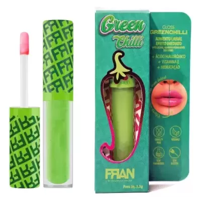 Gloss labial verde FRAN Green Chilli com embalagem e caixa verde com texto e design de pimento
