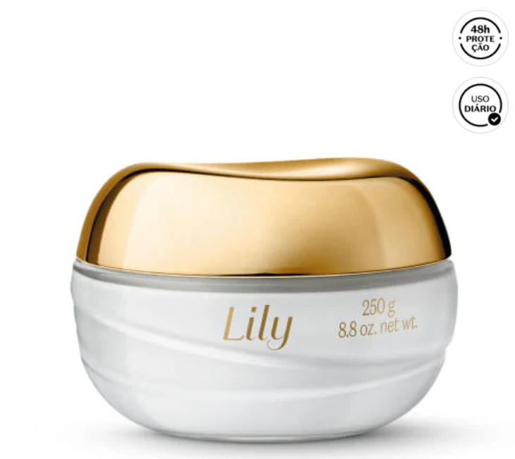 Frasco de creme Lily branco e dourado com texto e ícones de proteção e uso diário