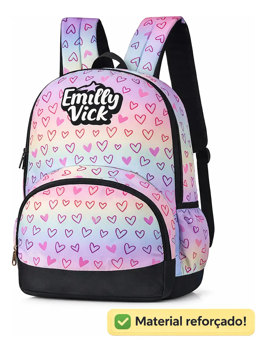 Mochila com padrão de corações coloridos e texto Emilly Vick