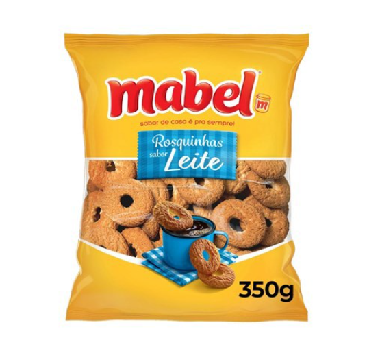 Pacote amarelo de bolachas Rosquinhas sabor leite da Mabel com 350g.