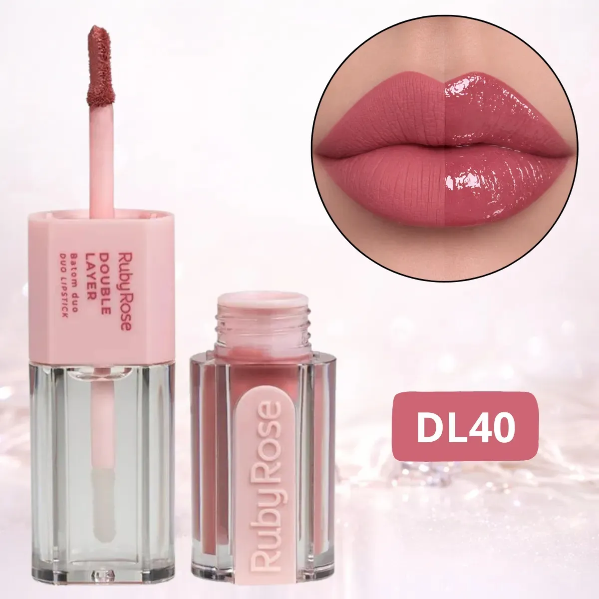 Batom duo Ruby Rose Double Layer cor DL40 com efeito mate e brilhoso