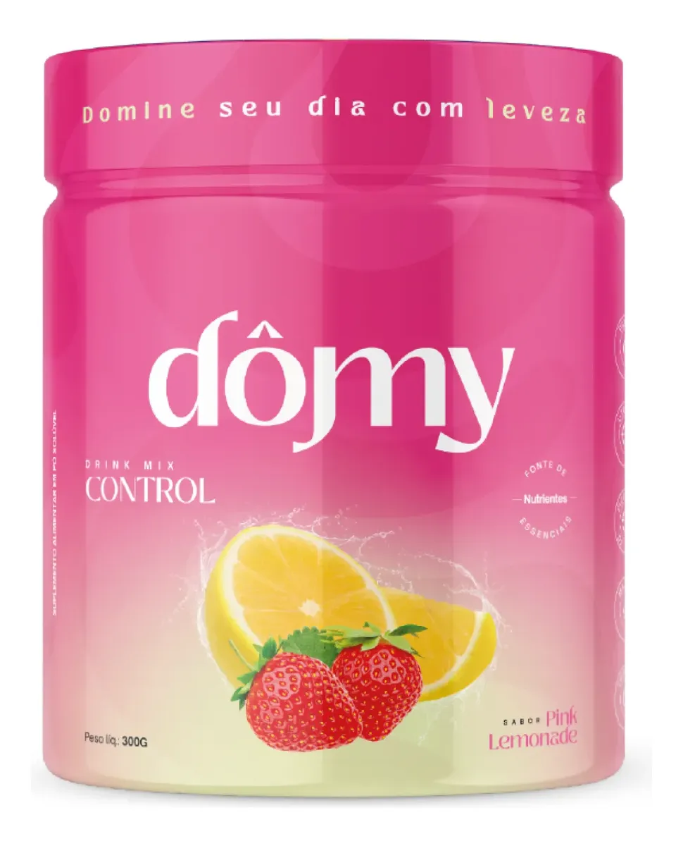 Embalagem rosa do suplemento Domy Drink Mix Control com morangos e limão ilustrados