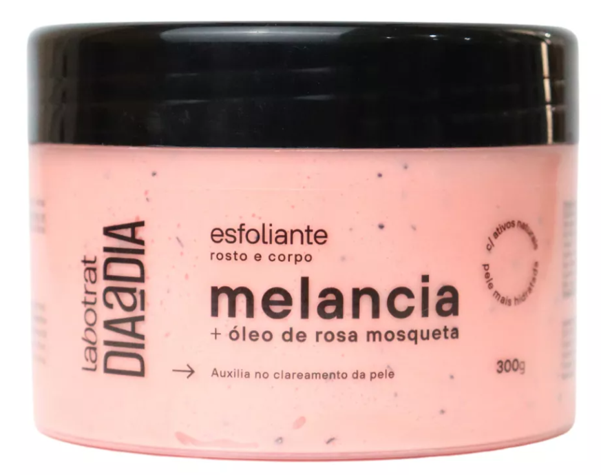 Frasco rosa de esfoliante melancia com tampa preta