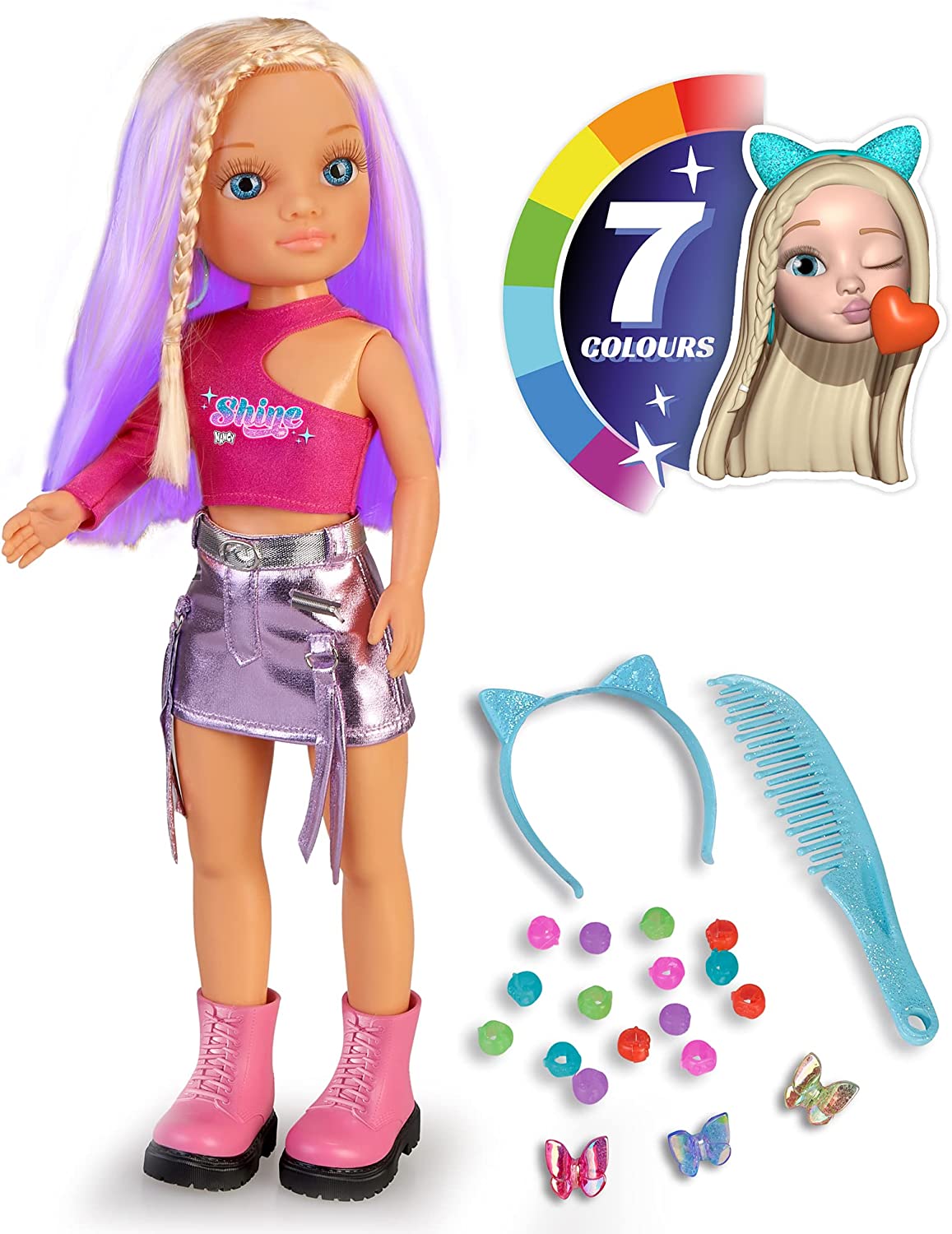 Boneca com roupa rosa e prateada e acessórios de cabelo coloridos