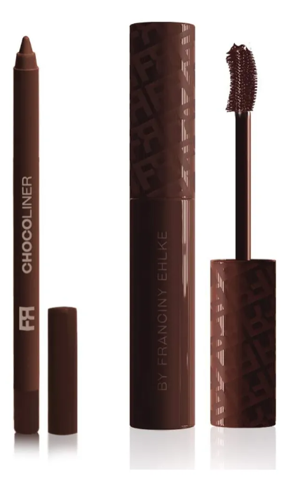 Lápis delineador castanho e rímel castanho com aplicador curvo