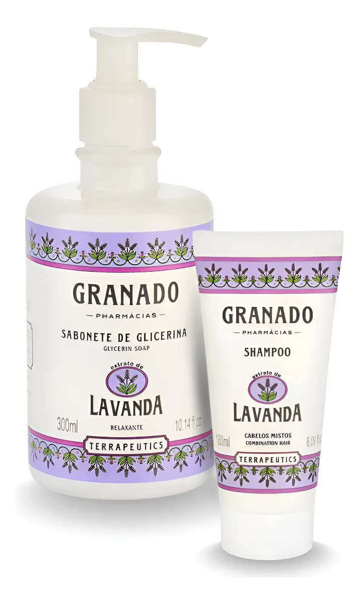 Sabonete de glicerina e shampoo Granado Pharmácias com extrato de lavanda em embalagens brancas e rótulos lilás com padrão floral.