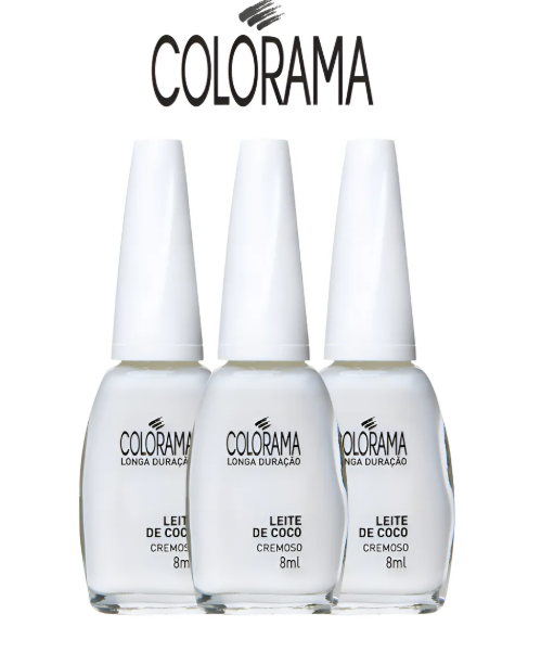Três frascos de verniz branco da marca COLORAMA com tampa branca e texto LEITE DE COCO