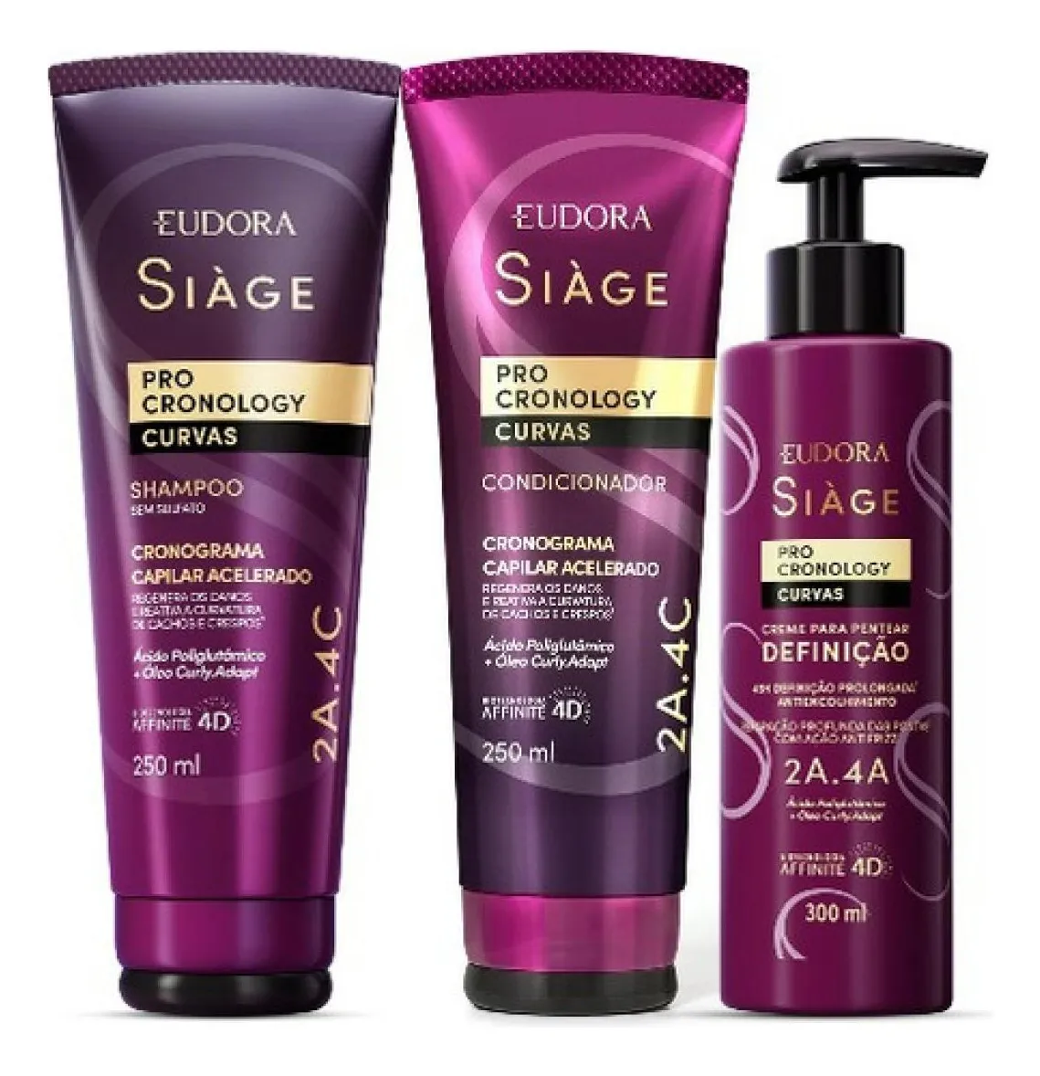 Produtos Eudora Siàge Pro Cronology Curvas shampoo, condicionador e creme para pentear em embalagens roxas