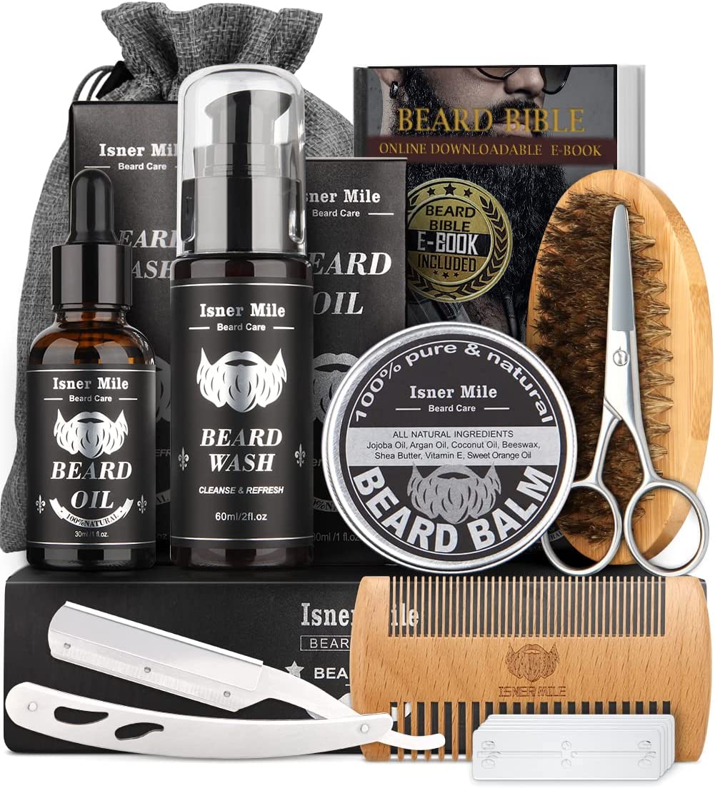 Kit de cuidados para barba Isner Mile com óleo, shampoo, bálsamo, pente, escova, tesoura e navalhete