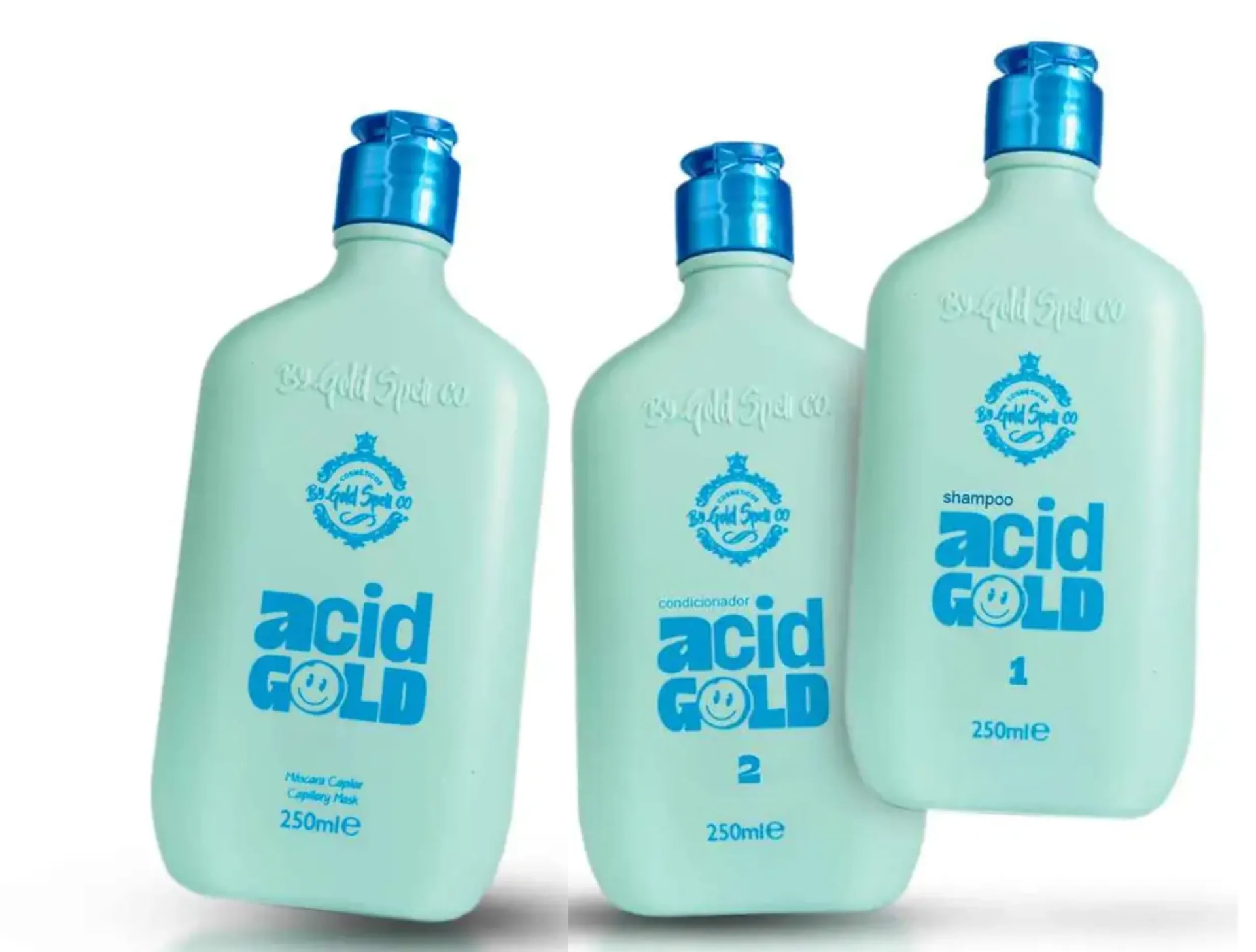 Frascos azuis claros de produtos para cabelo acid GOLD