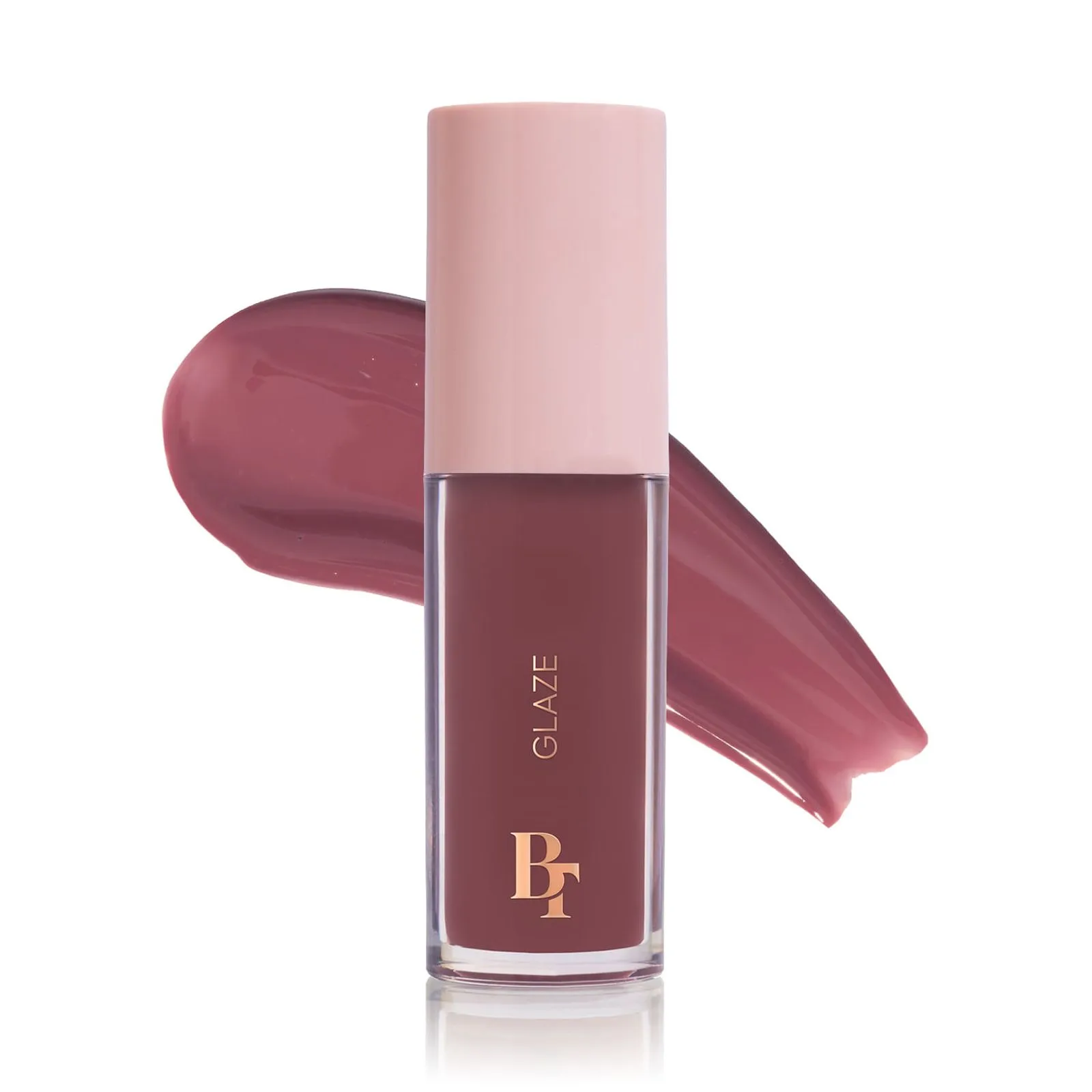 Frasco de cosmético líquido vinho com tampa rosa e texto BT GLAZE