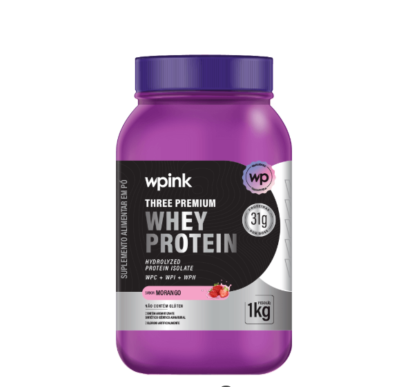 Frasco roxo de suplemento alimentar em pó Whey Protein sabor morango 1kg
