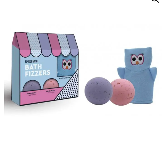 Caixa de bombas de banho rosa e roxa com luva de banho azul com coruja