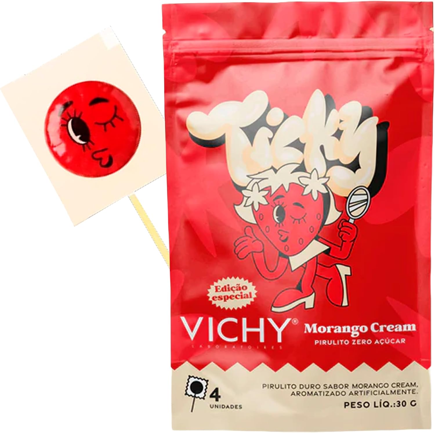 Embalagem de pirulito Vichy Morango Cream vermelho e bege com desenho de morango animado e pirulito vermelho com carinha