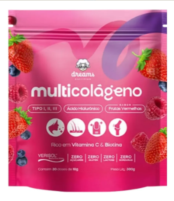 Embalagem rosa de suplemento multicolágeno com frutas vermelhas e informações nutricionais.