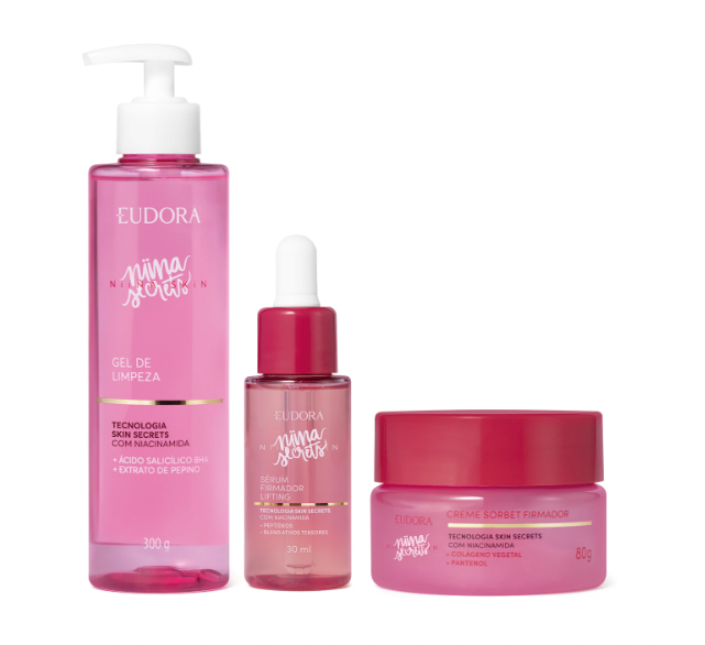 Conjunto de produtos de cuidado facial Eudora Nïma Sorbet em embalagens rosa