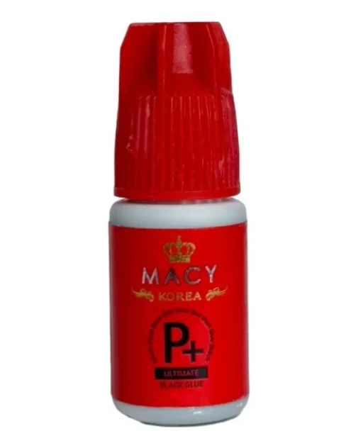 Frasco pequeno de cola preta MACY KOREA com tampa vermelha.