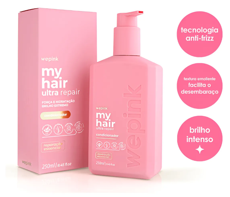 Frasco e embalagem rosa do condicionador wepink my hair ultra repair