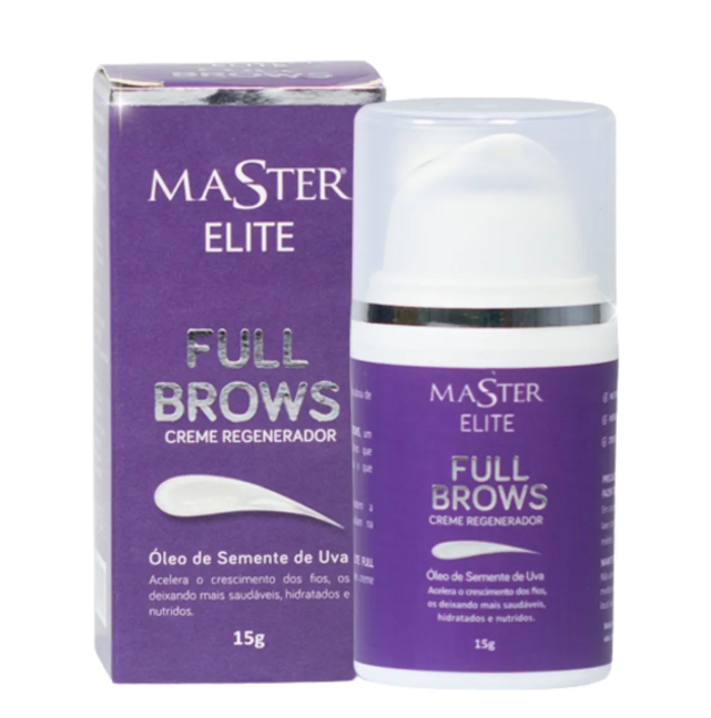 Creme regenerador para sobrancelhas Master Elite Full Brows em embalagem e frasco roxos