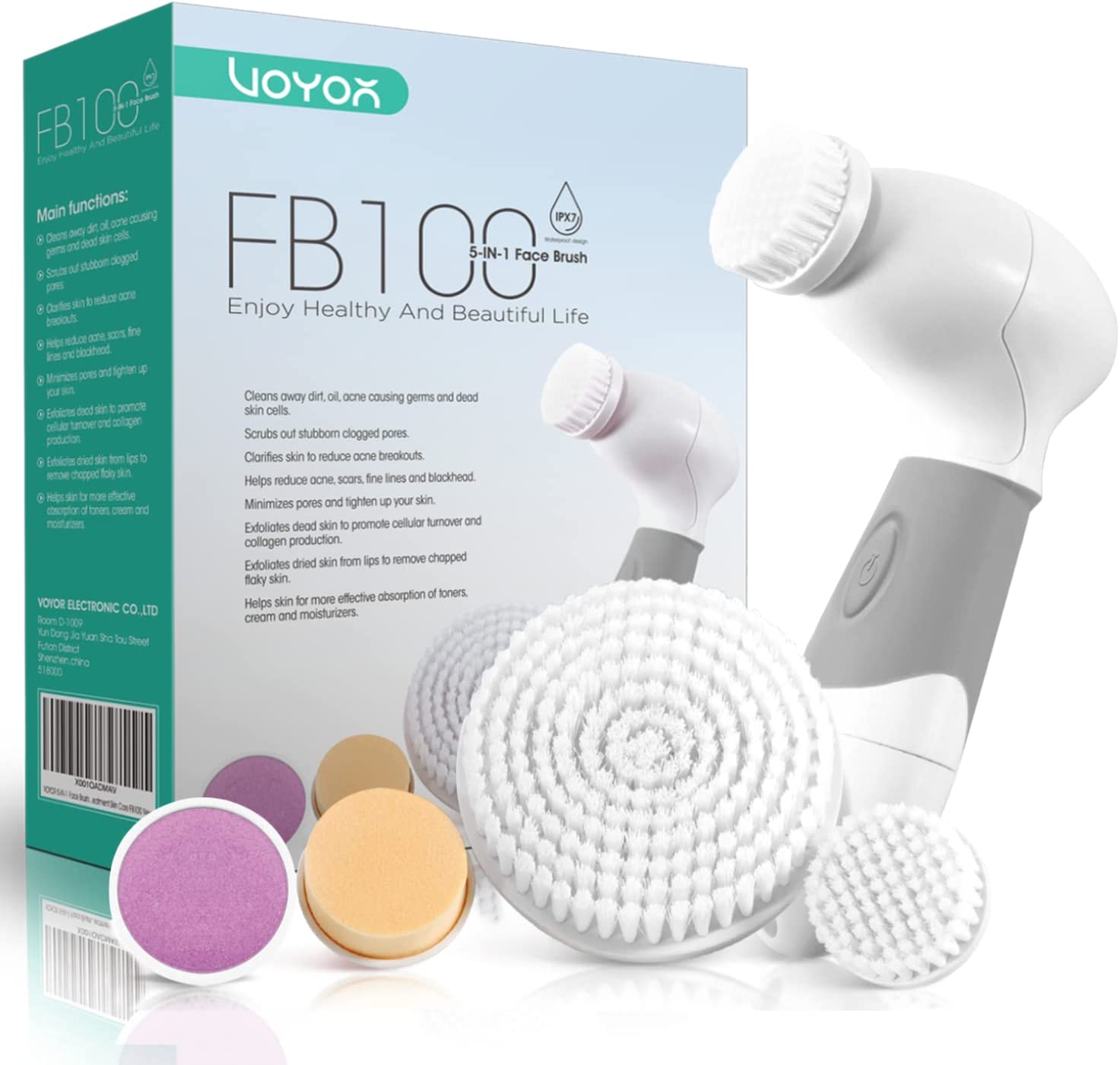 escova de limpeza facial elétrica branca com acessórios e caixa