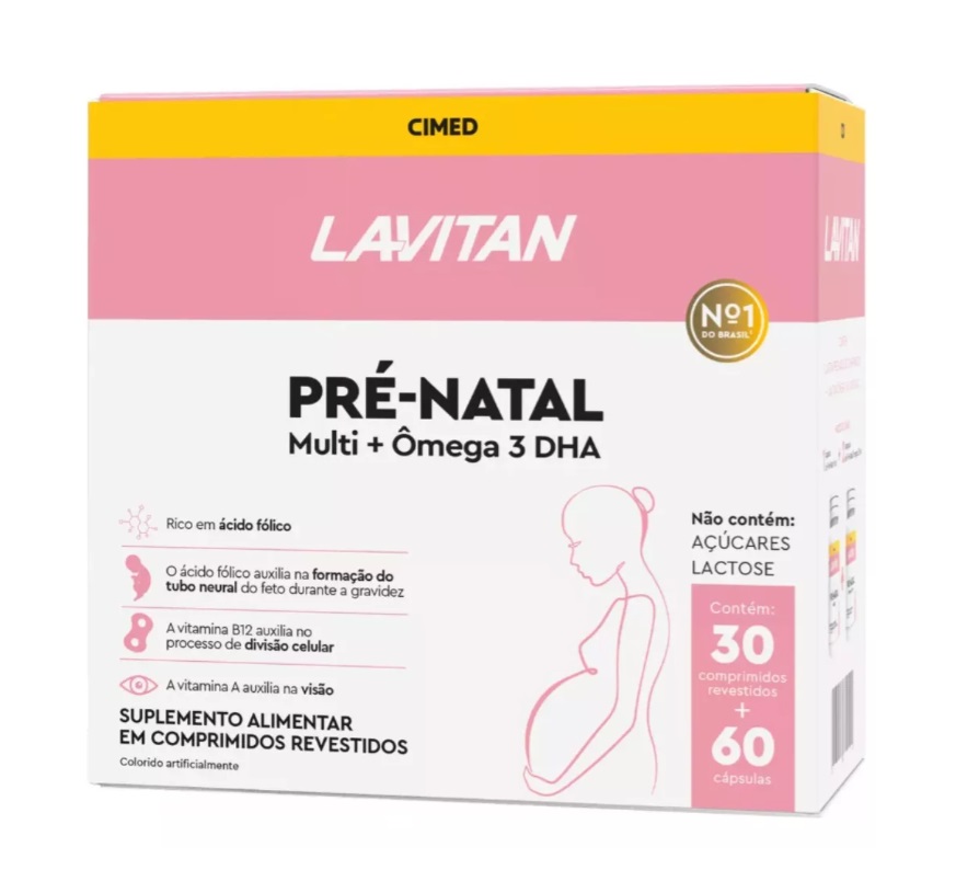 Embalagem do suplemento Lavitan Pré-Natal Multi + Ômega 3 DHA